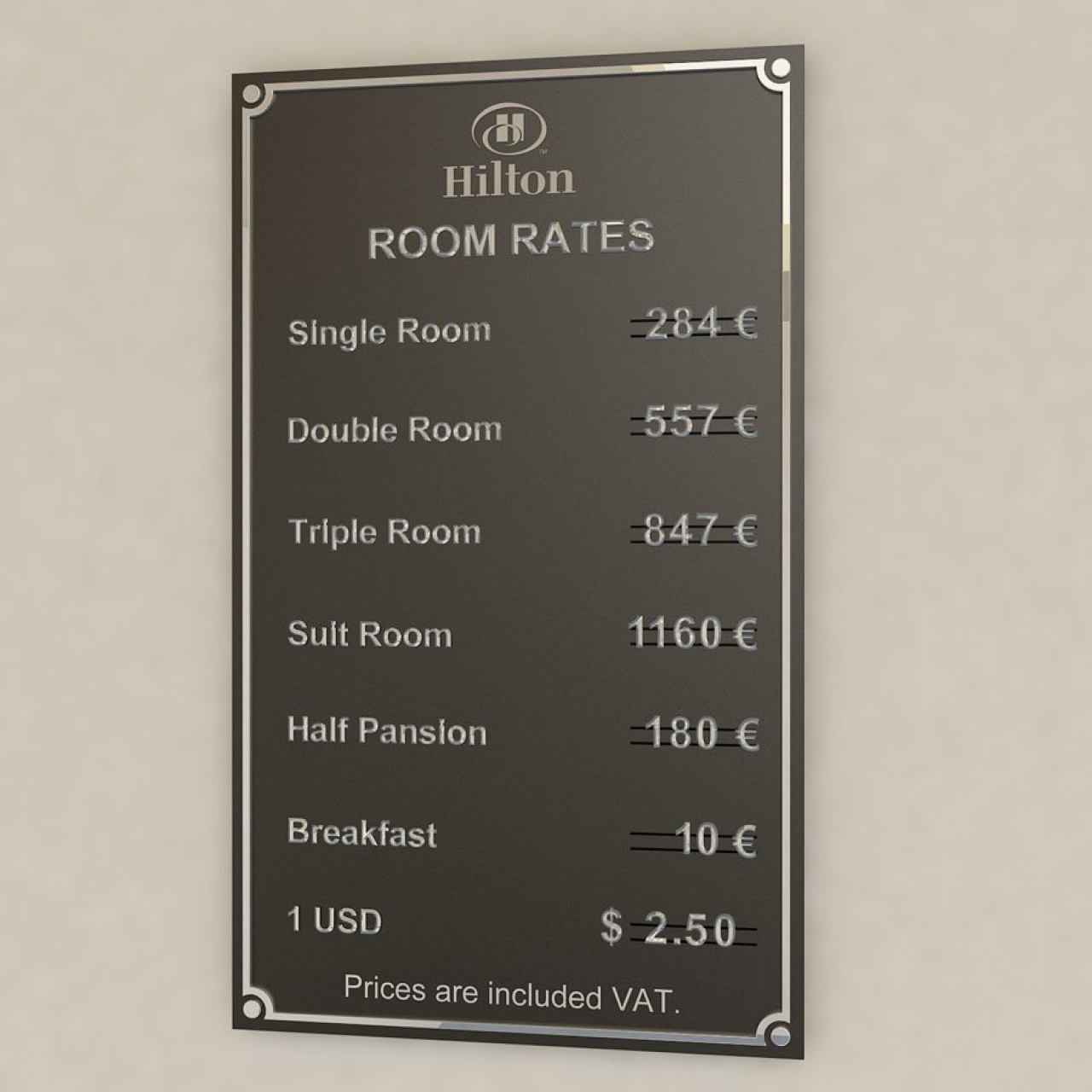 Oda Fiyatları Panosu - Krom Harfli Özel Tasarım